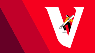 Red abstract background with Vanguard "V" logo and illustration of a woman drawing steps.